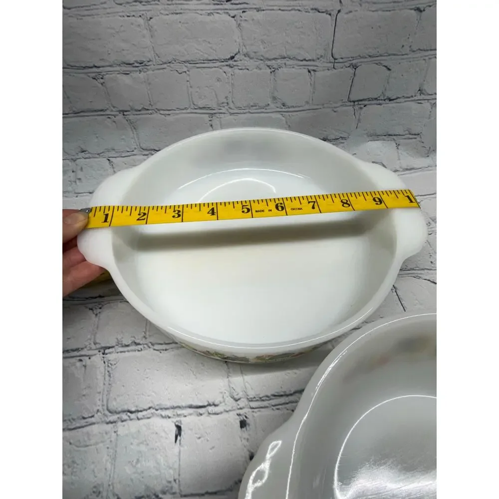 Fire‑King Milk Glass Bowl and Baking Dish Set – Rooster & Fruit Pattern Vintage
